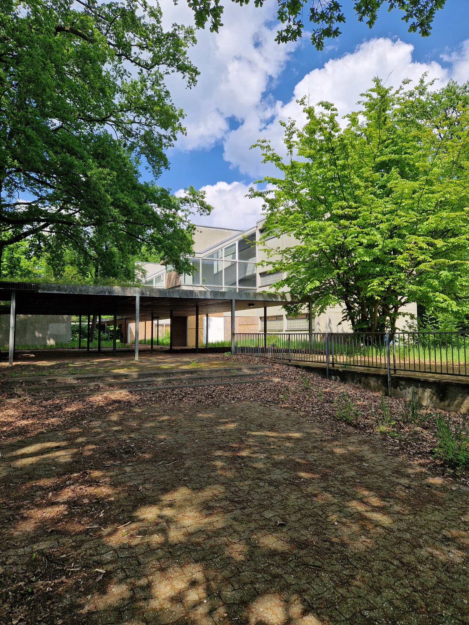 Leerer Schulhof mit Schatten und überwucherter Umgebung.